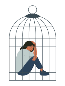 Vrouw zit gevangen in een kooi, representatief voor een begrensd leven met een chronische ziekte